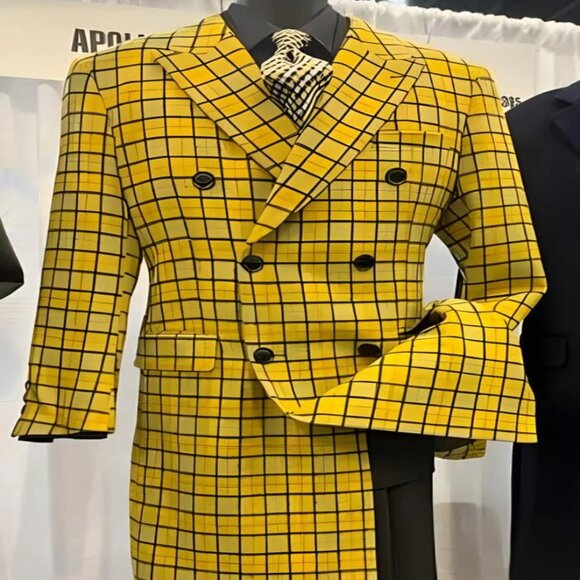 Mens Plaid Overcoat - Wool Peacoat - Plaid Topcoats Yellow - Picture 1 of 2